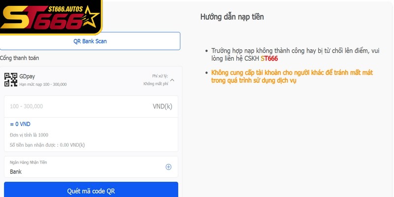 Hệ thống nạp tiền ST666 đa dạng phương thức mang lại sự tiện lợi tối đa